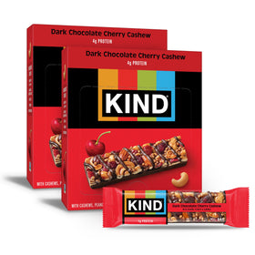 KIND Dark Chocolate Cherry Cashew Bars, wrapped, ideal for on-the-go gluten-free snacking.