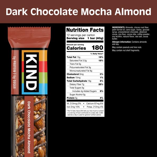 Front view of KIND bar highlighting gluten-free and fiber-rich nutrition.