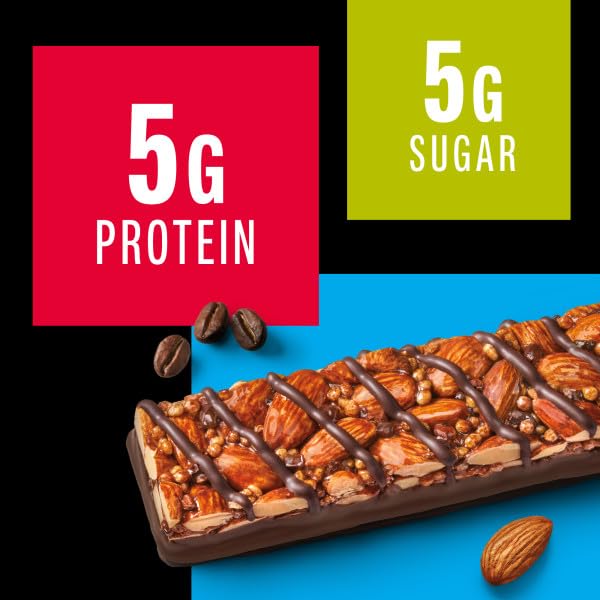 Ingredient list showing almonds, dark chocolate, and coffee for flavor.
