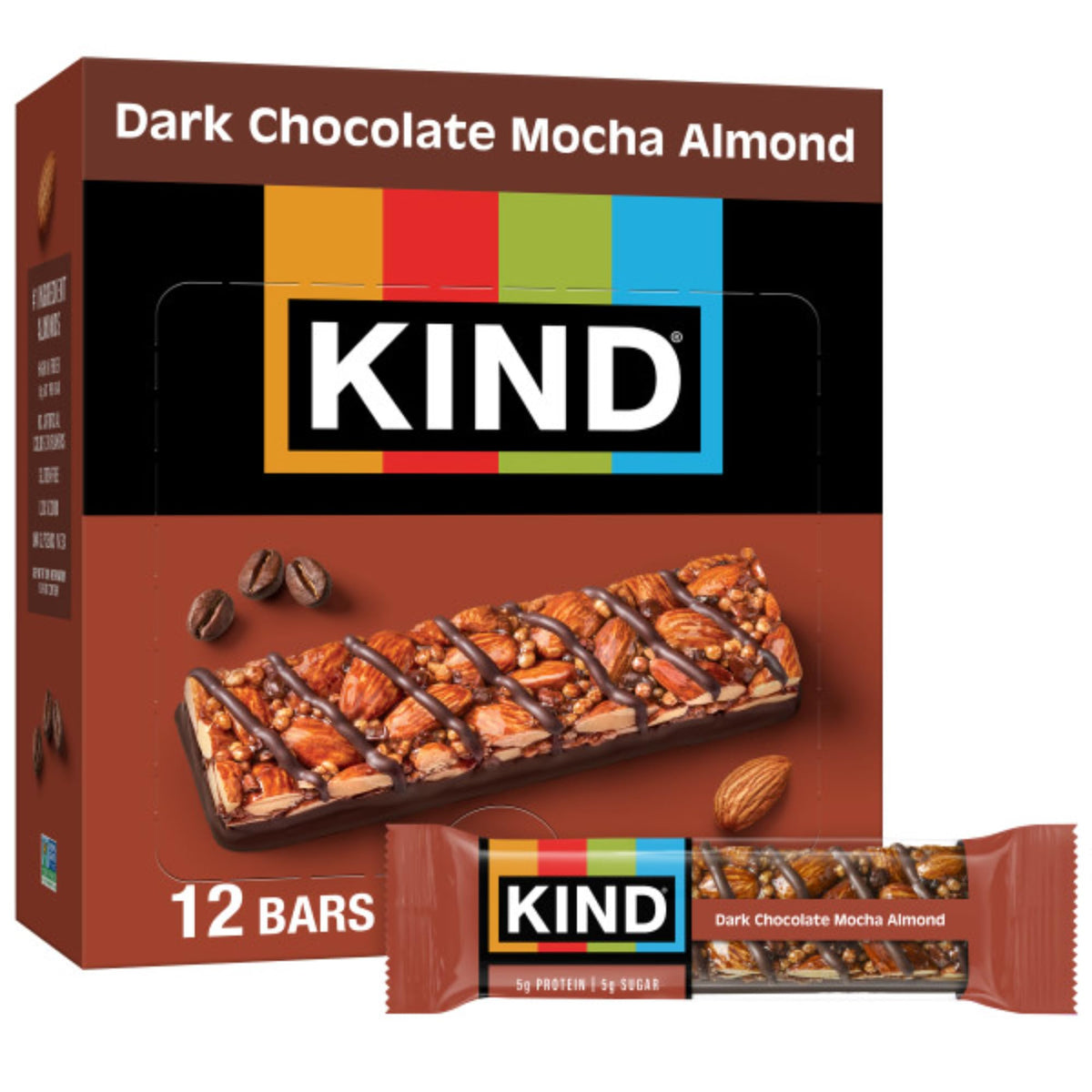 KIND Dark Chocolate Mocha Almond packaging for grab-and-go snacking.
