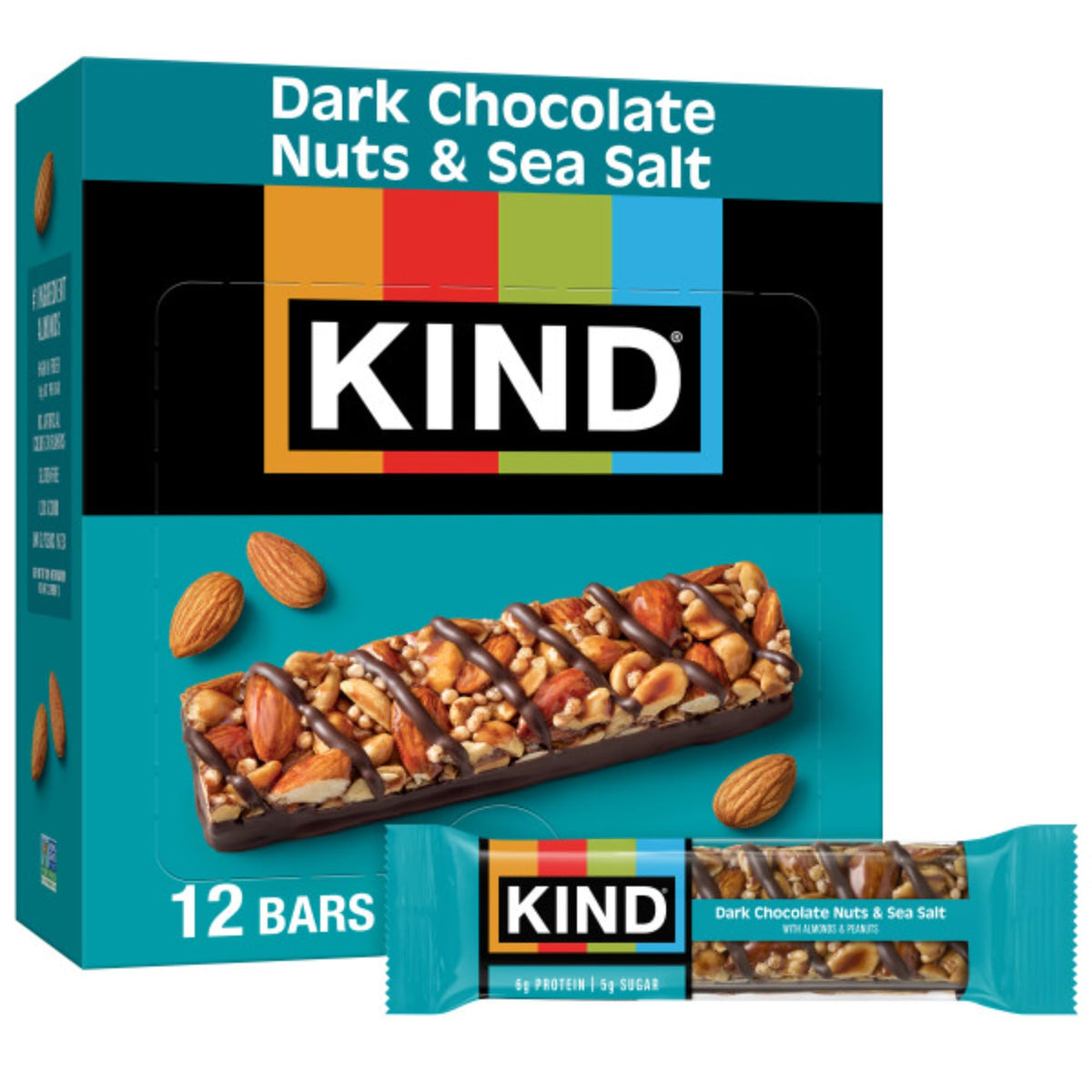KIND Dark Chocolate Nuts & Sea Salt bar packaging for gluten-free, on-the-go snacking.