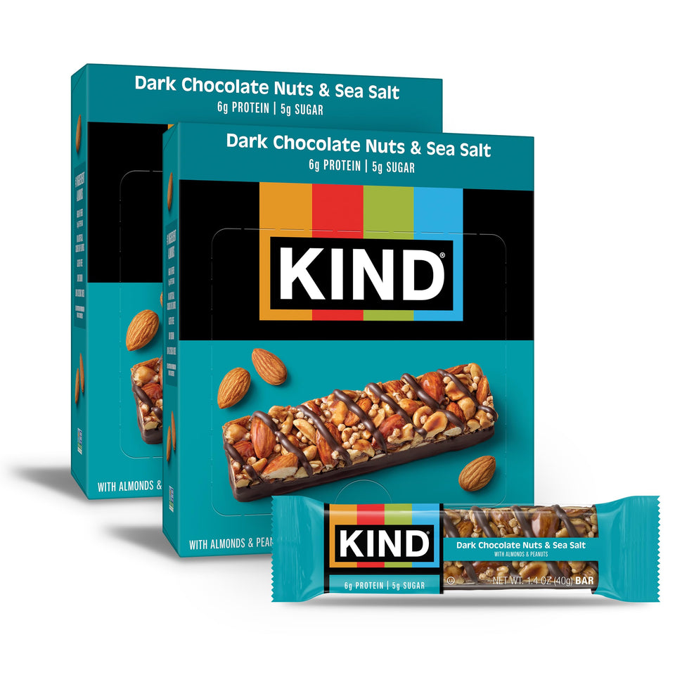 KIND dark chocolate nuts sea salt bar unwrap shows almonds for a convenient on-the-go snack