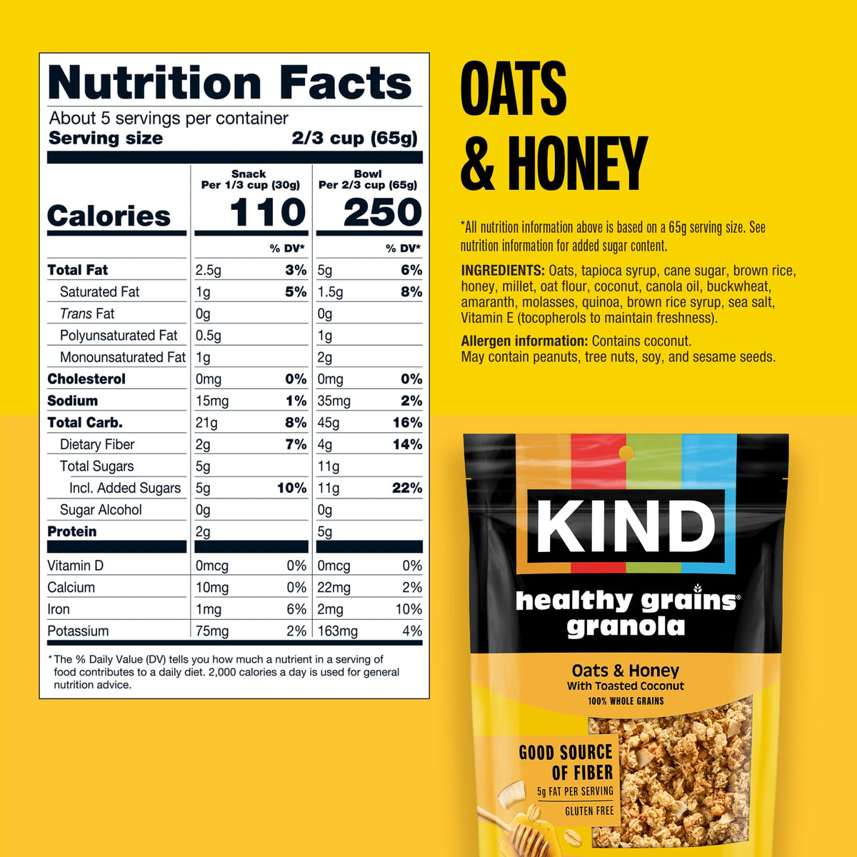 KIND Cinnamon Oat with Flax Seeds bag front, crunchy oats for breakfast or a quick bite.