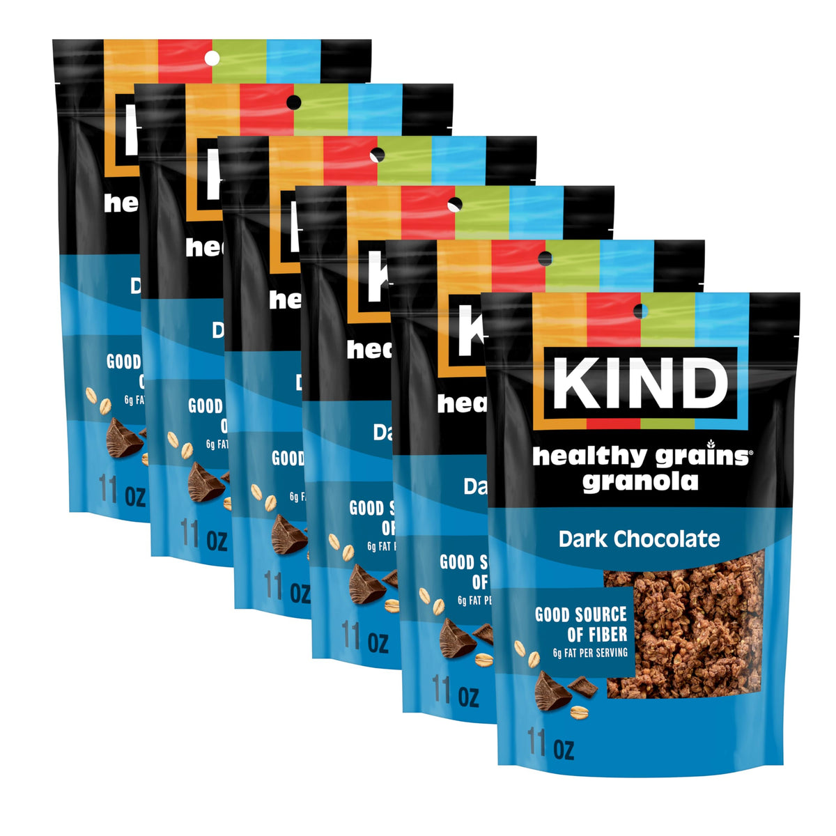 KIND Healthy Grains Dark Chocolate Clusters bag with resealable closure for on-the-go snacking.
