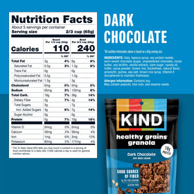 Kind Healthy Grains Dark Chocolate Clusters, protein-rich snack with cocoa.