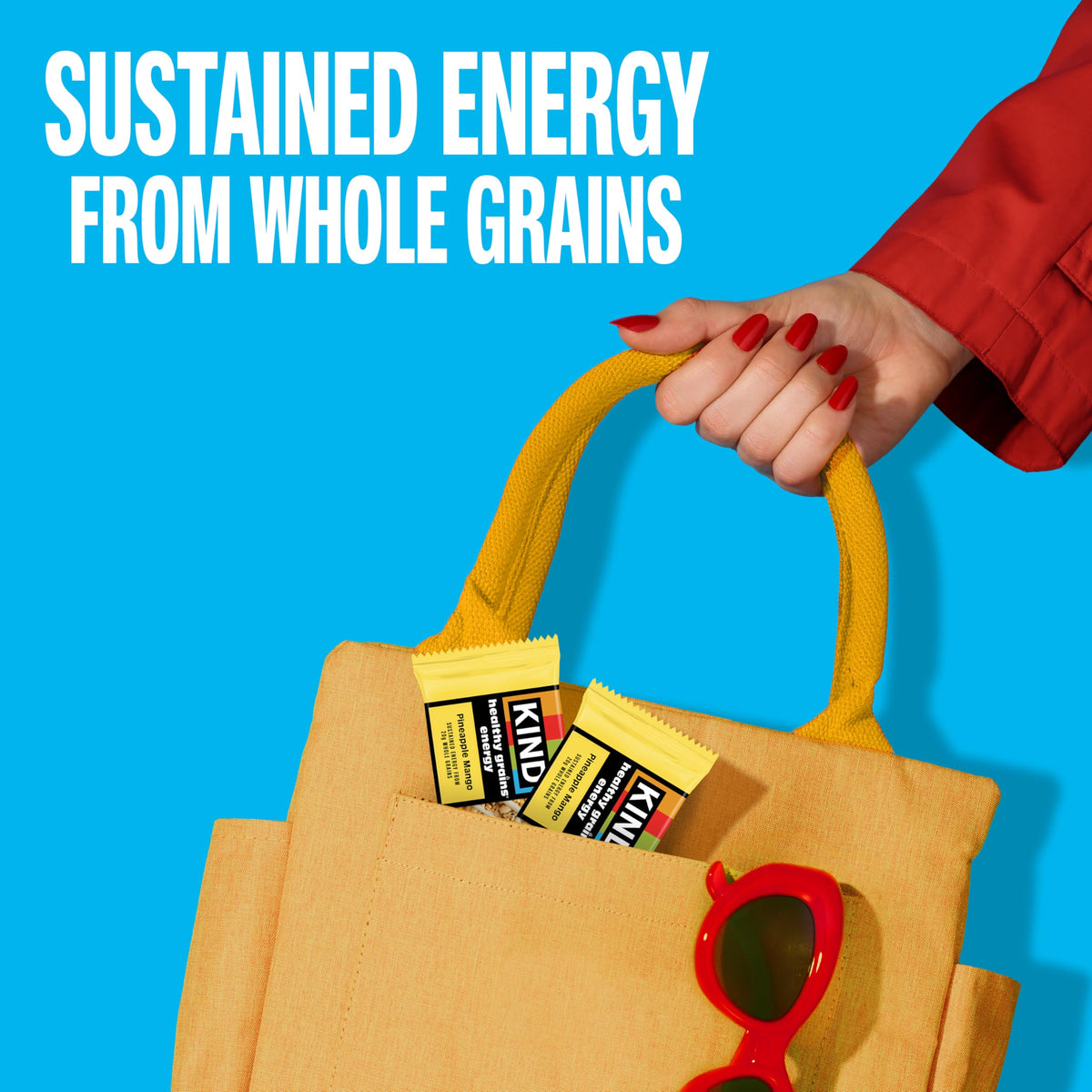 KIND Healthy Grains bar showing five-grain blend like oats and quinoa for steady energy