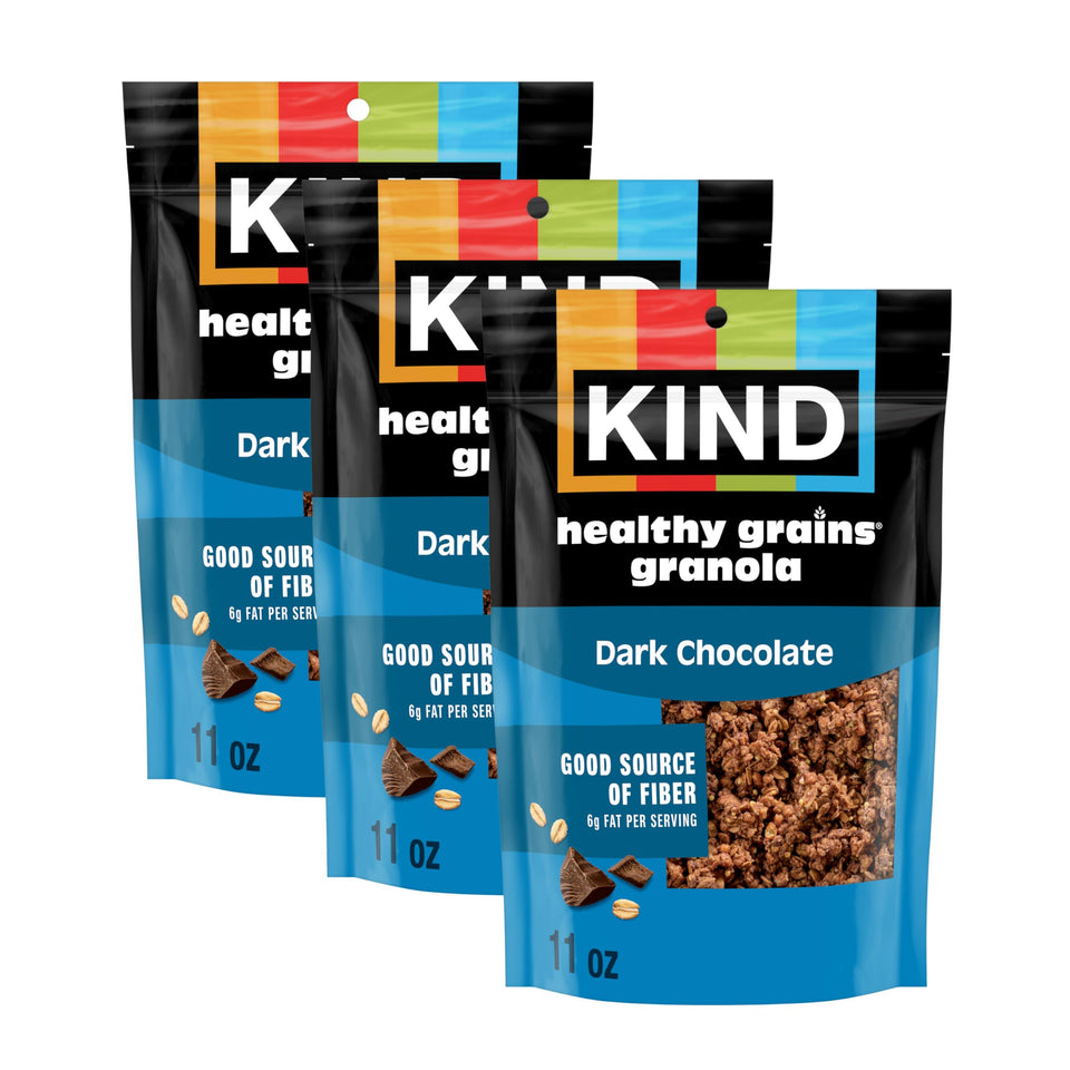 KIND Healthy Grains Granola with Dark Chocolate Clusters in a 3-pack, on-the-go.