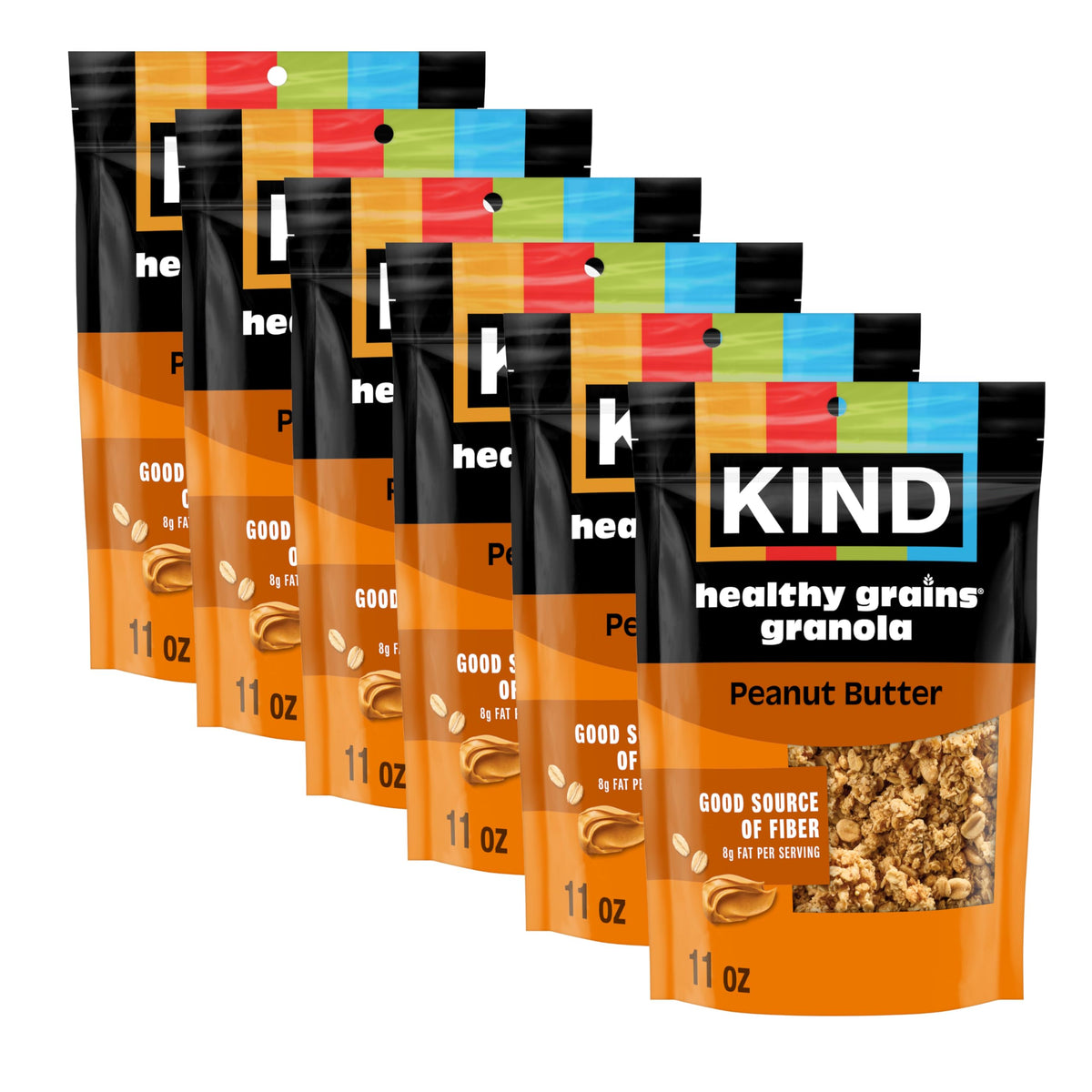 KIND Healthy Grains granola peanut butter clusters in bags for on-the-go snacking.