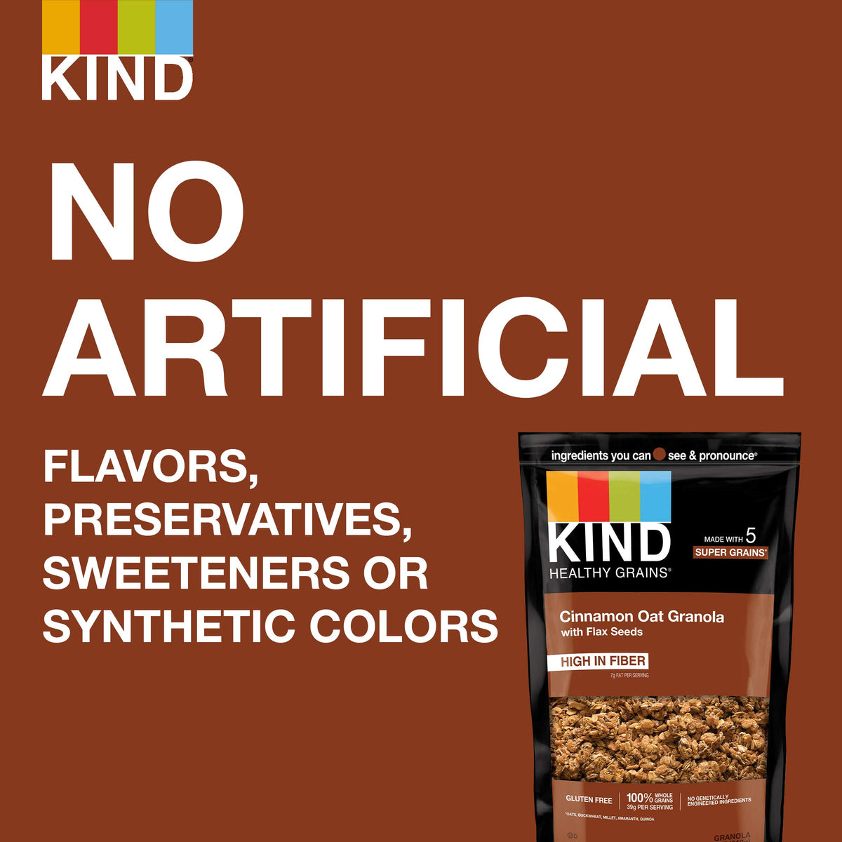Non-GMO and kosher certification logos appear on the KIND pouch.