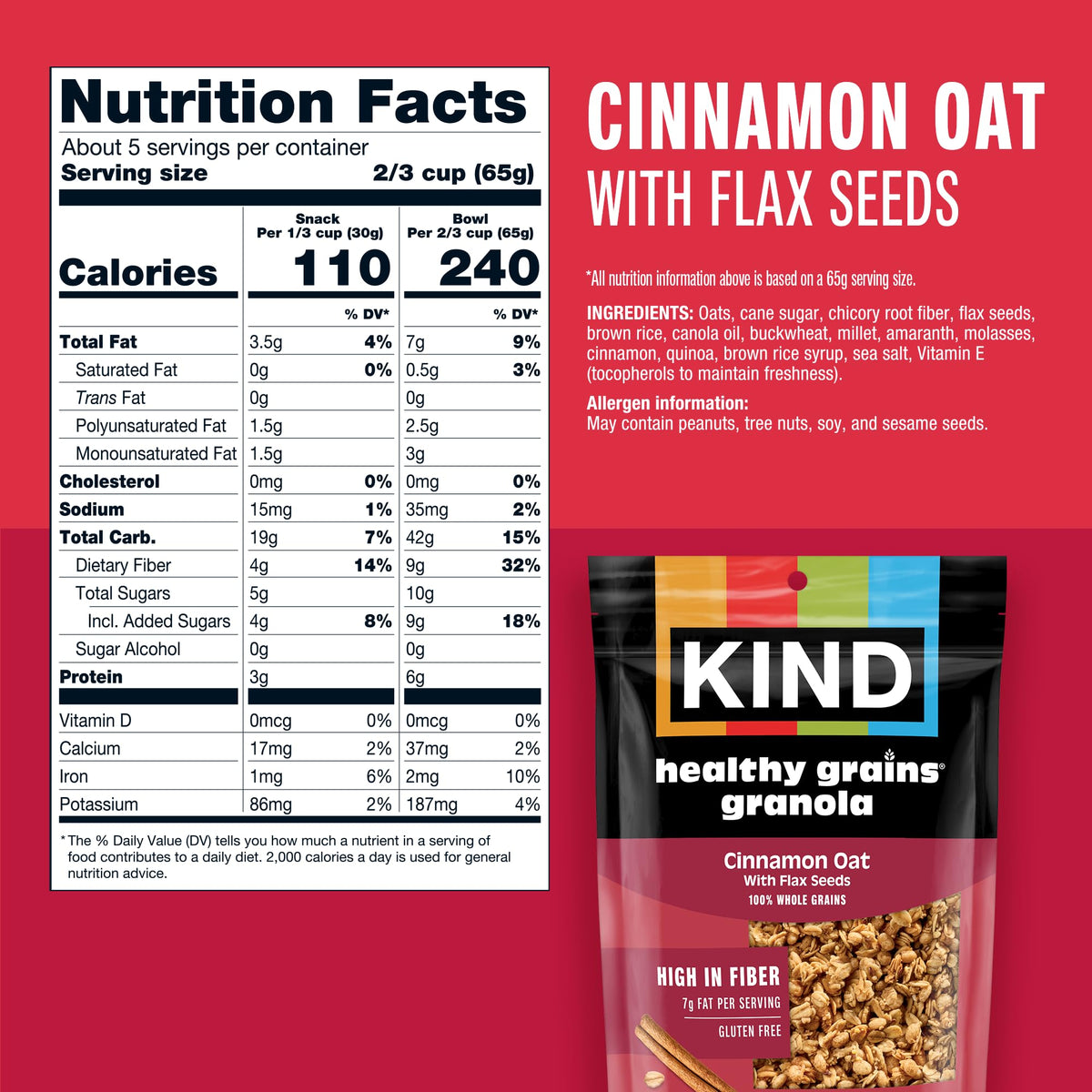 KIND Healthy Grains 3x11oz pack front, convenient resealable bags for on-the-go snacking.