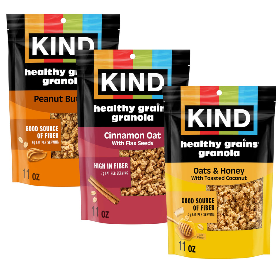 KIND Healthy Grains Peanut Butter Clusters bag front, protein-packed snack for energy on the go.