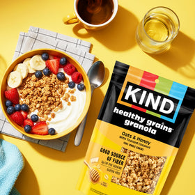 KIND Healthy Grains granola in a portable 11 oz bag for on-the-go snacking