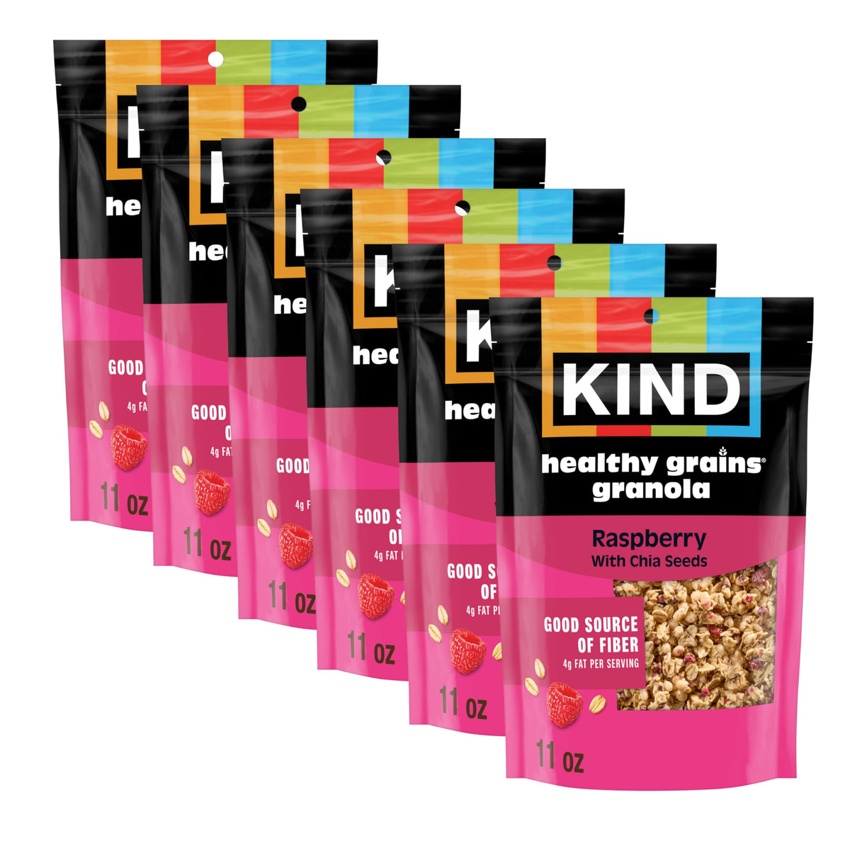 Kind Healthy Grains Raspberry Granola clusters bag with chia seeds for a crunchy breakfast snack.