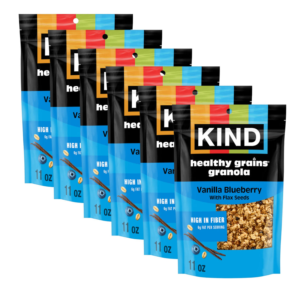 KIND Healthy Grains Vanilla Blueberry Clusters pack shot; gluten-free, high-fiber snack.