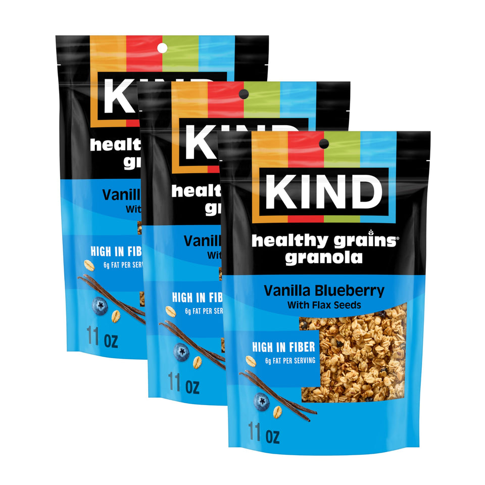 KIND Healthy Grains Vanilla Blueberry Granola bag, gluten-free and high in whole grains.
