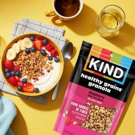 Kind granola served on yogurt bowl with fruit crunch.