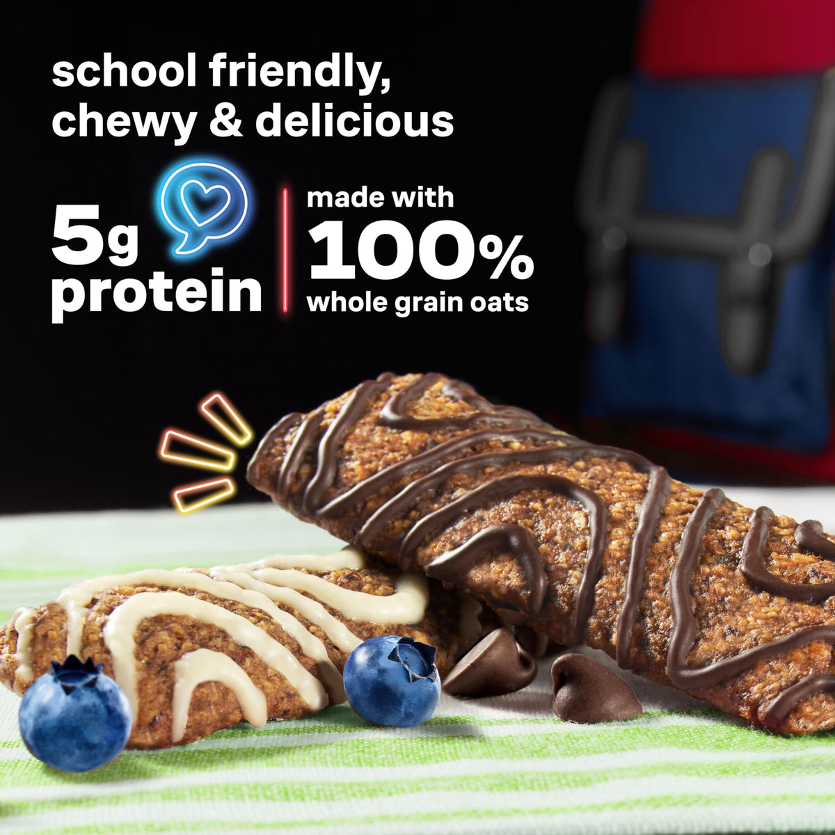 Kind Kids Chocolate Chip Bars pack highlighting low-sodium, nut-free snack for backpacks.