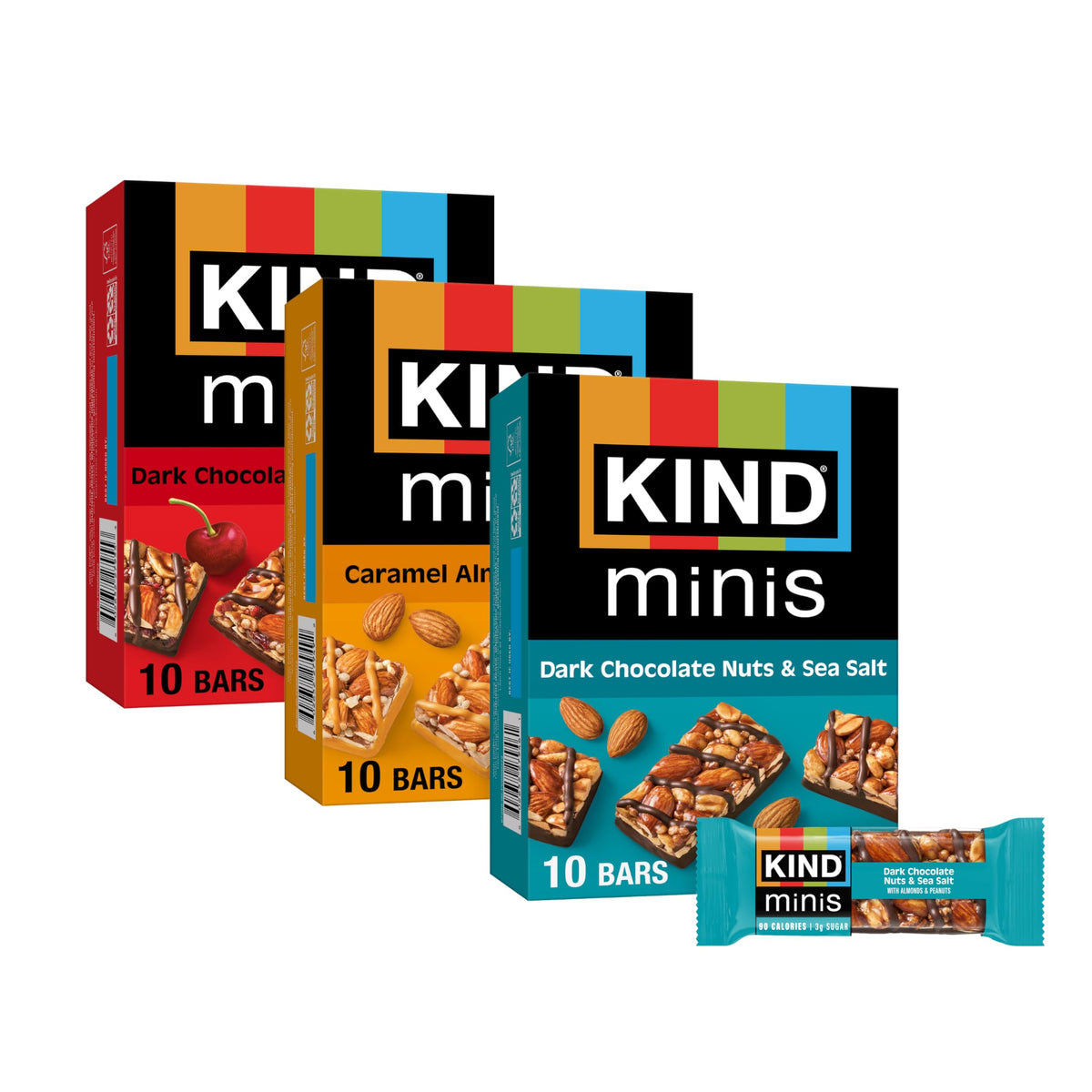 KIND Mini Bars with dark chocolate, nuts, and sea salt front-pack for on-the-go snacking