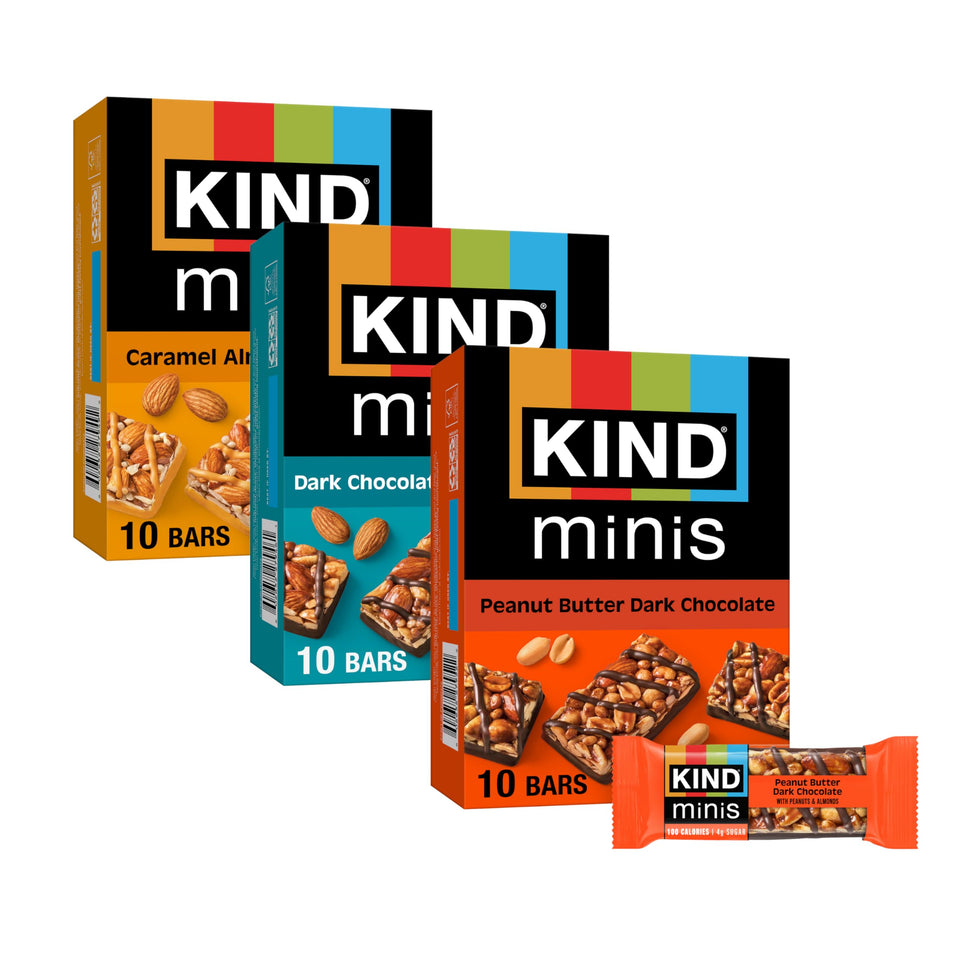 KIND Mini Bars with dark chocolate, nuts and sea salt for a satisfying on-the-go treat.