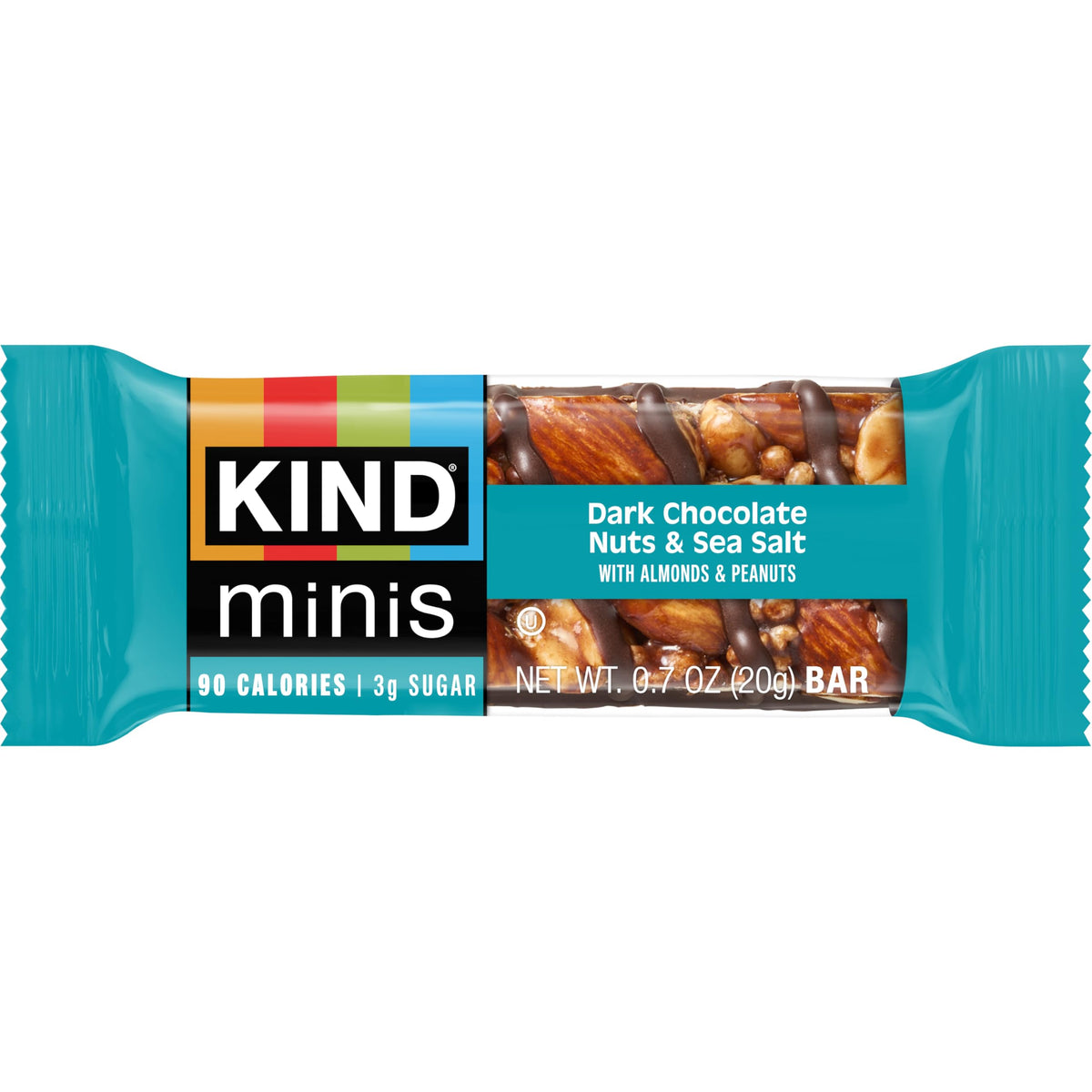 Close-up of KIND Mini Bars texture showing crunch and glossy chocolate.