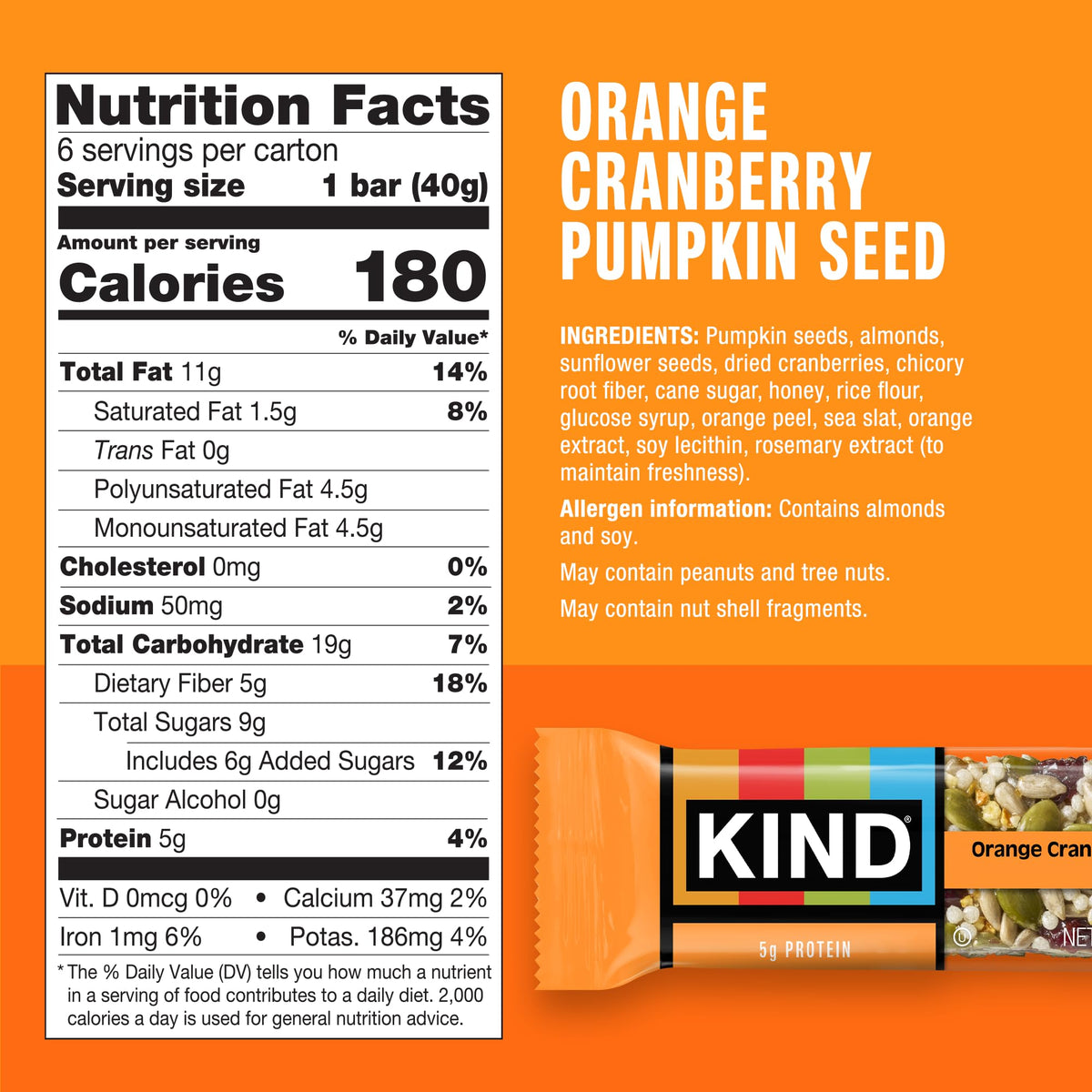 KIND Orange Cranberry Pumpkin Seed bar close-up, bright citrus and fiber.