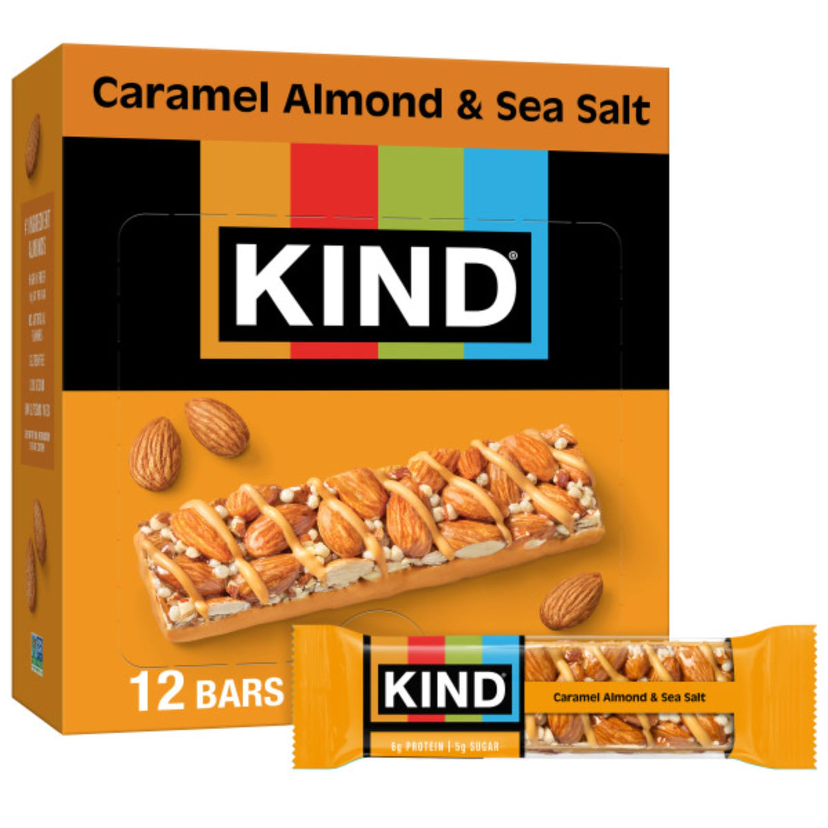 KIND Caramel Almond & Sea Salt packaging shown as a gluten-free on-the-go snack.