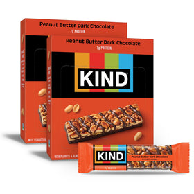 KIND Peanut Butter Dark Chocolate bar packfront showing the 24-count box for on-the-go snacking