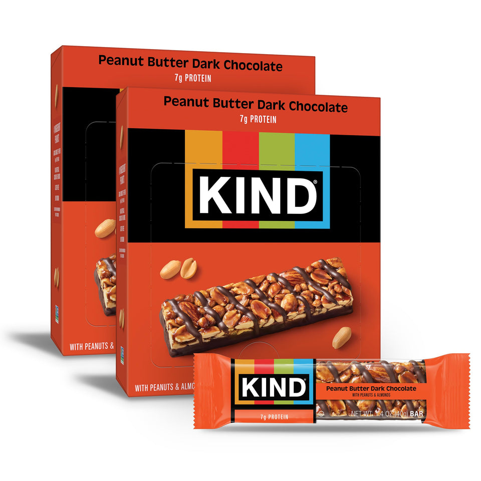 KIND Peanut Butter Dark Chocolate bar packfront showing the 24-count box for on-the-go snacking