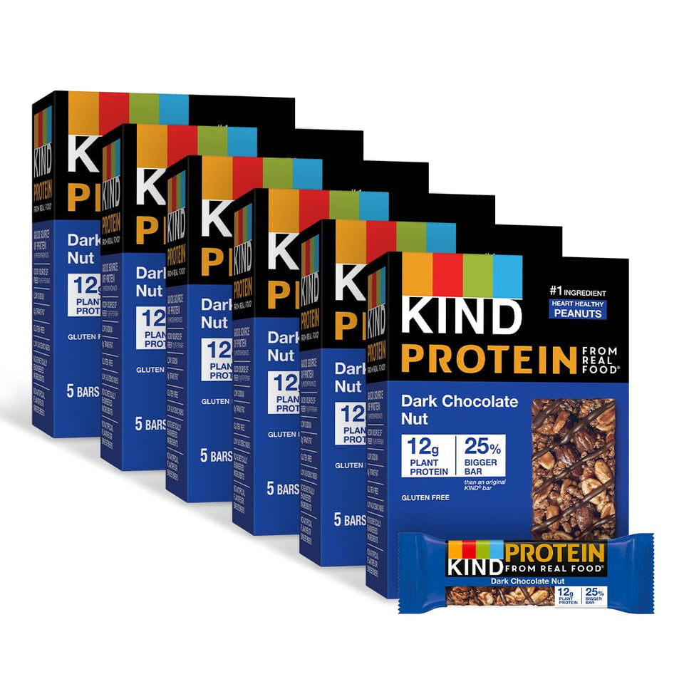 KIND Protein Bars Dark Chocolate Nut packshot, gluten-free convenience.
