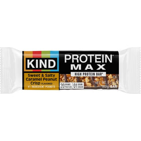 Nutrition facts panel of KIND Protein MAX bar highlights 20g protein and fiber.