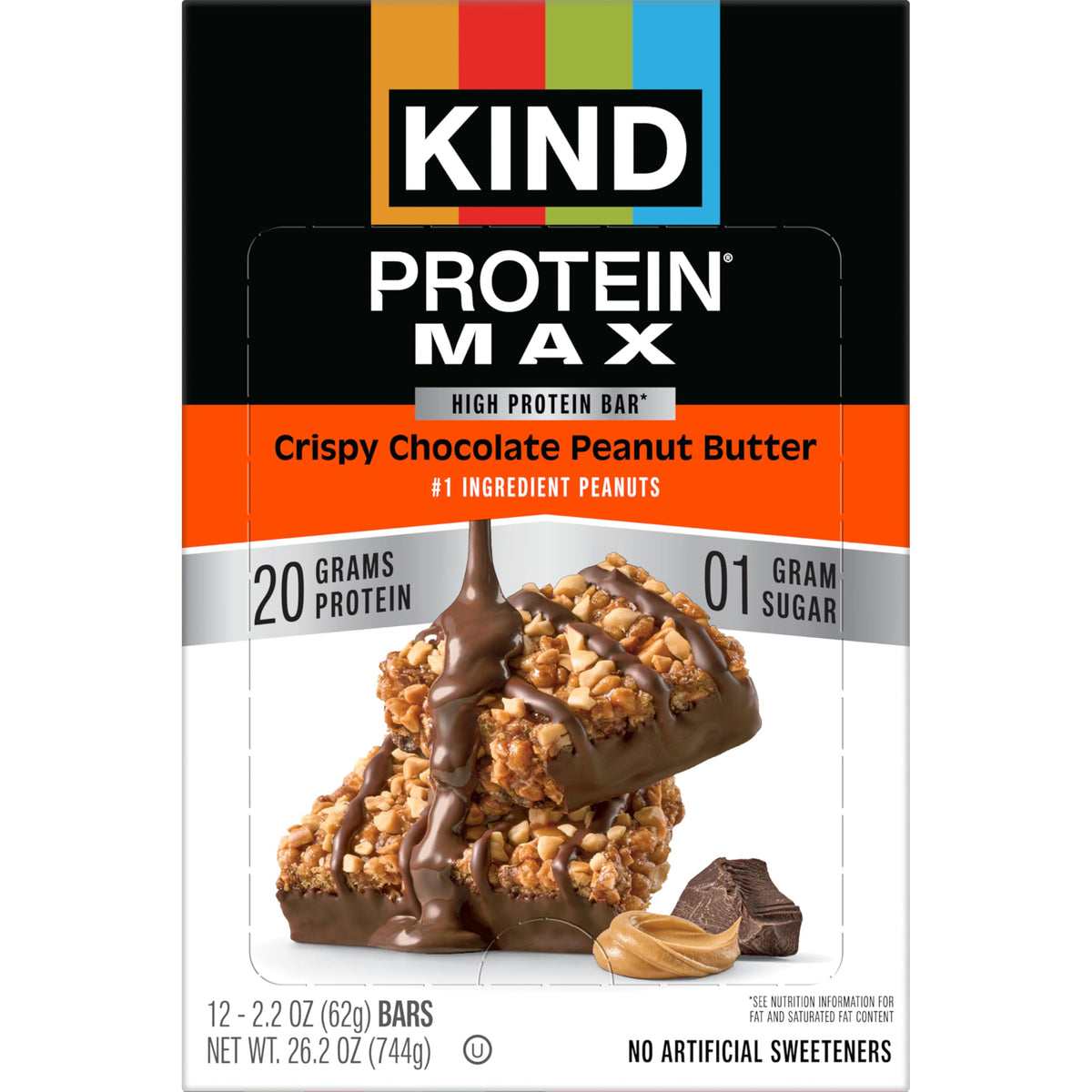 KIND Protein MAX nutrition panel highlights 20g protein and 0g added sugar.