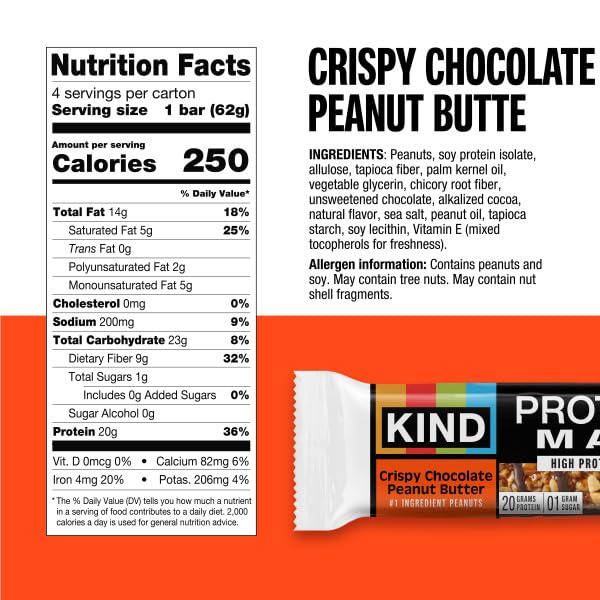 KIND Protein MAX bar close-up with peanuts and chocolate, crunchy texture.