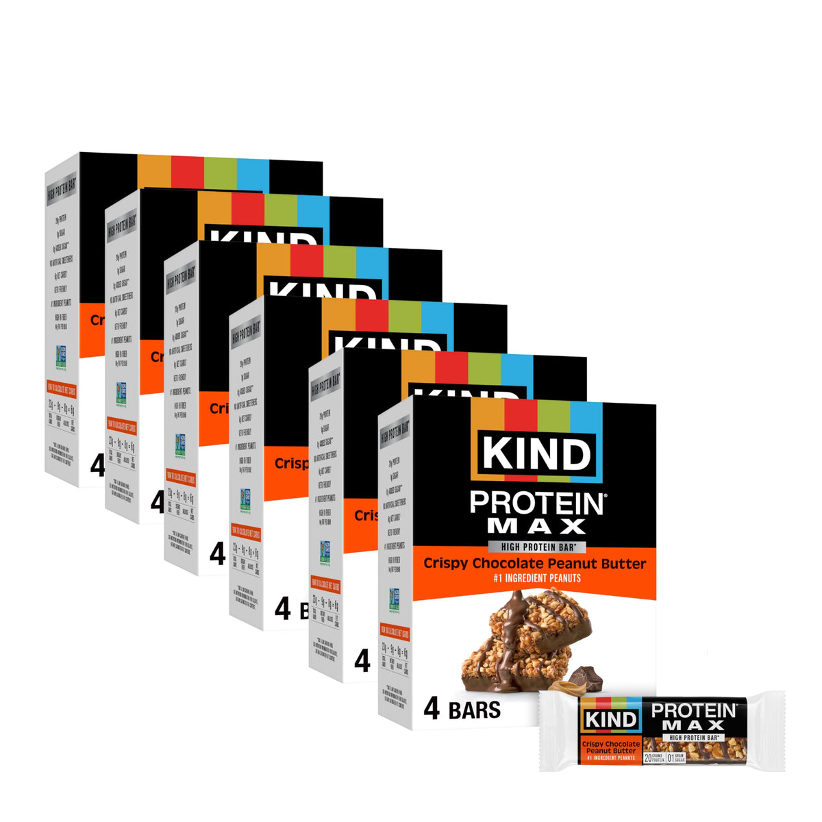 Kind Protein MAX bar packaging showcases crispy chocolate peanut butter for on-the-go energy.