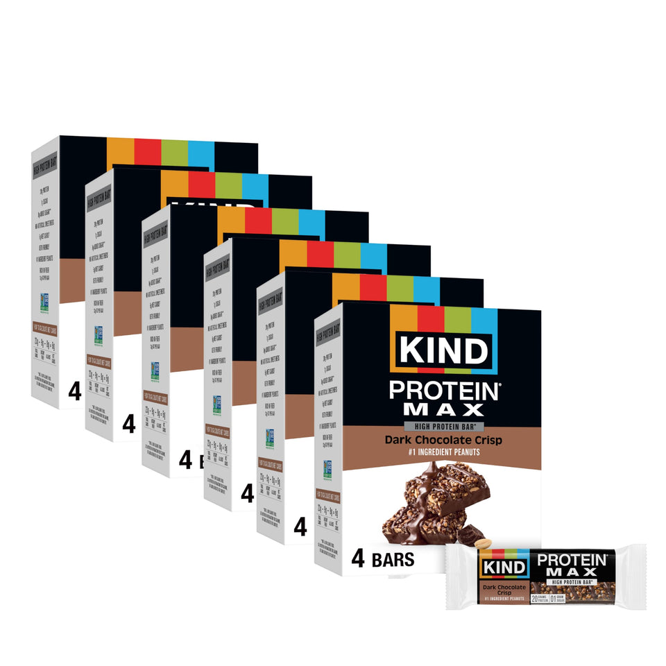 KIND Protein MAX Dark Chocolate Crisp packaging showcases a high-protein, on-the-go snack.