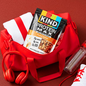 KIND Protein MAX sweet and salty caramel clusters for a satisfying bite.