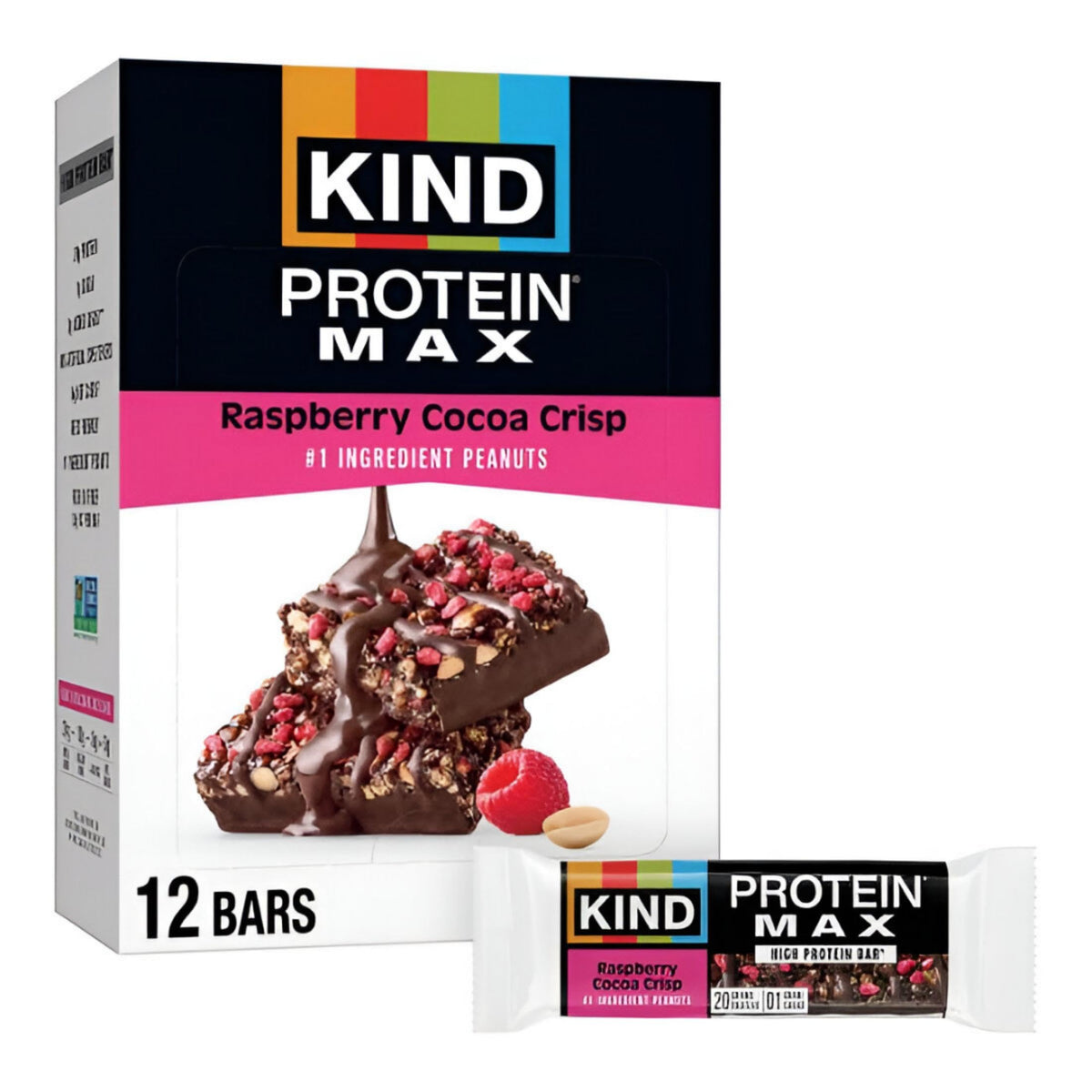 KIND Protein MAX raspberry cocoa crisp bar on the go for high protein fueling
