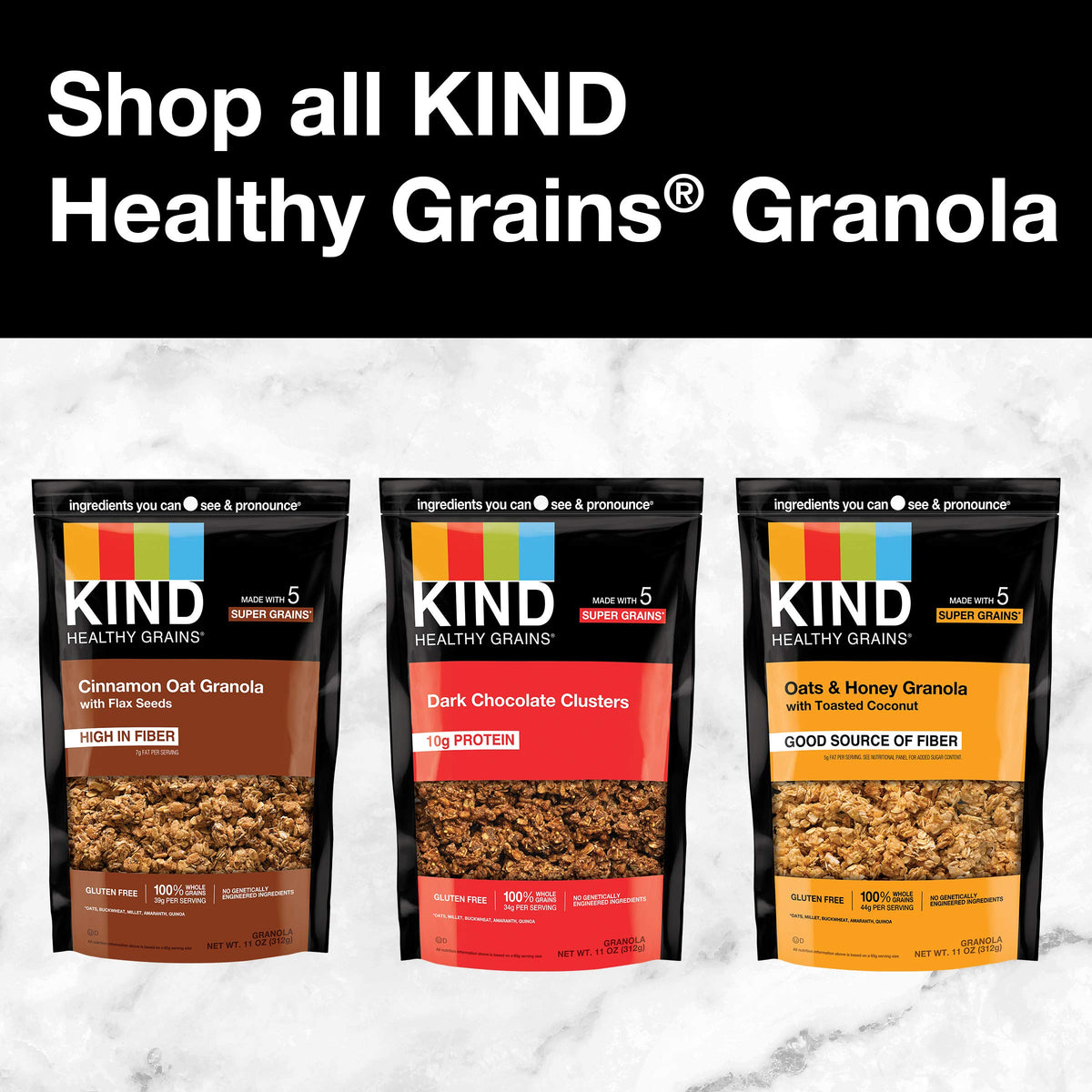 Ready-to-eat KIND snack featuring oats, millet, buckwheat, amaranth and quinoa