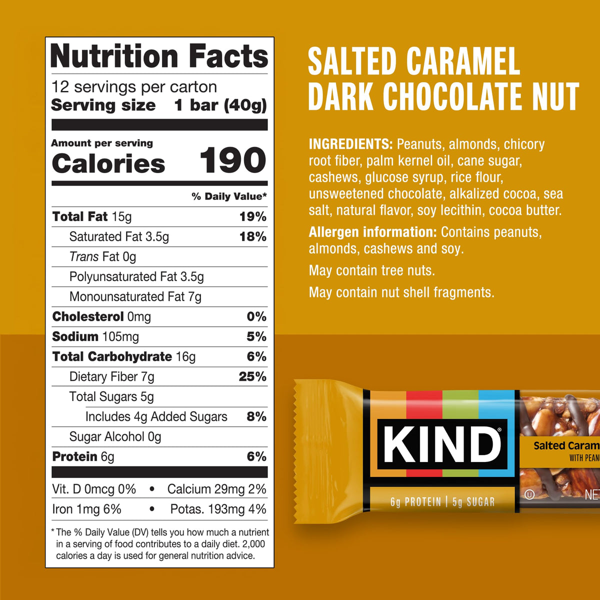 Close-up of KIND Salted Caramel Dark Chocolate Nut bar with visible nuts and caramel.