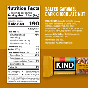 Close-up of KIND Salted Caramel Dark Chocolate Nut bar with visible nuts and caramel.