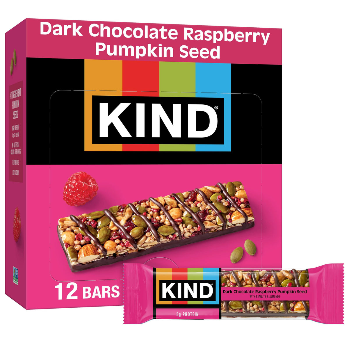 KIND Seeds bar with dark chocolate and raspberries, grab-and-go snack.