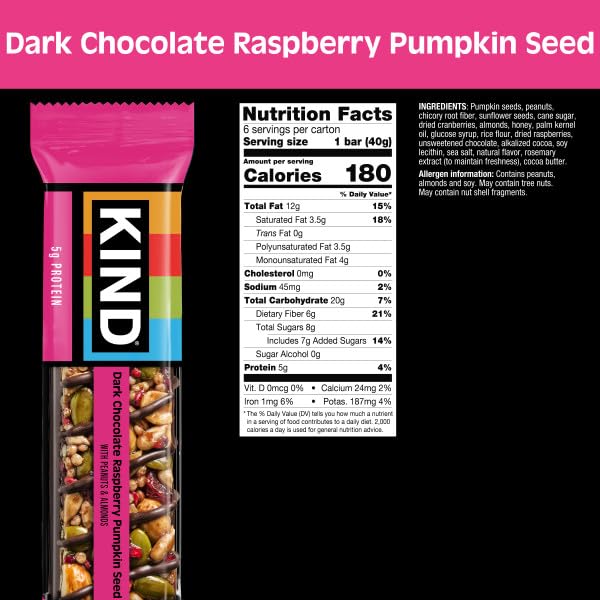 Close-up of pumpkin seeds and raspberries in a KIND bar, crunchy real-food snack.