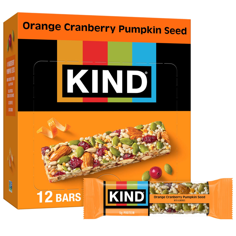 KIND Seeds bar with orange, cranberries, and pumpkin seeds for a flavorful on-the-go snack