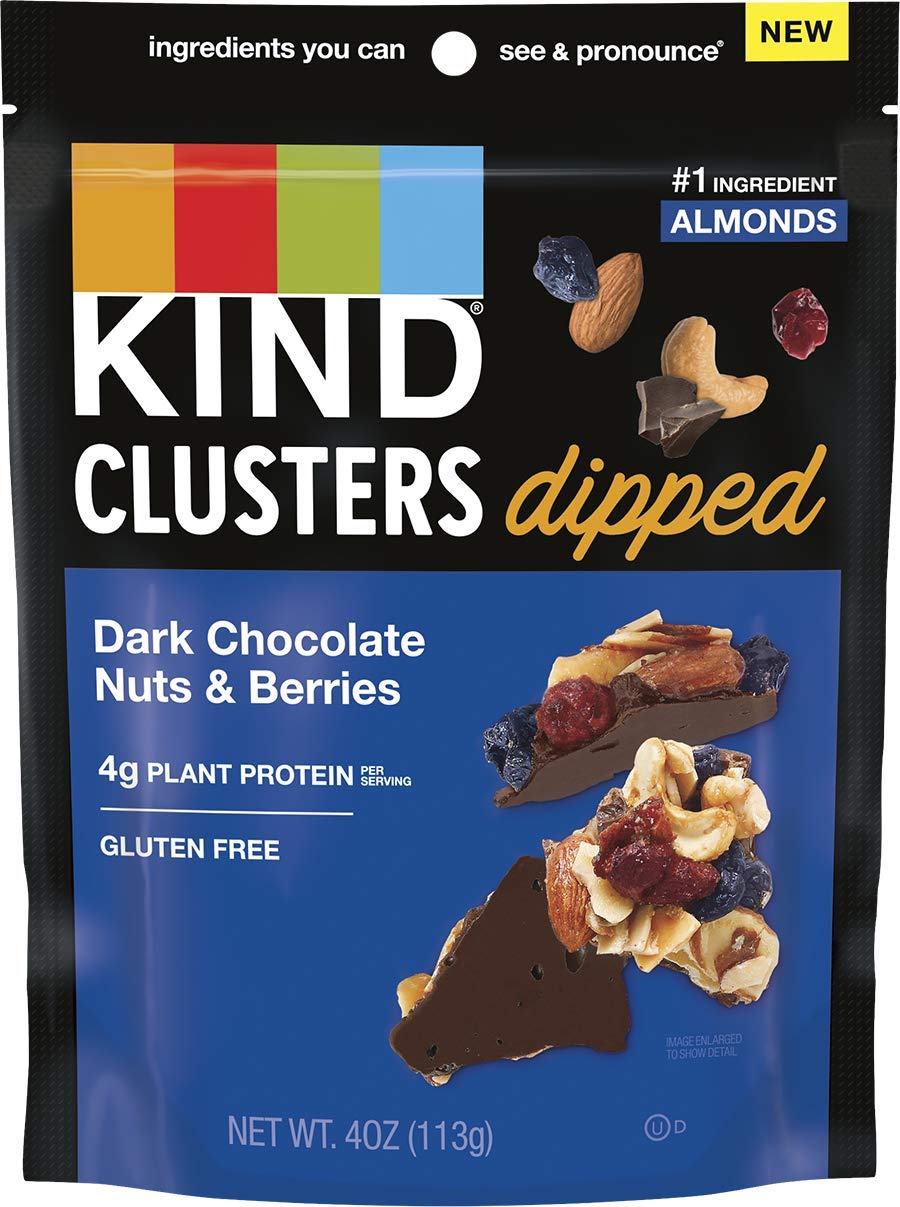 KIND Snack Clusters dipped in dark chocolate nuts and berries front of pack for grab-and-go protein.