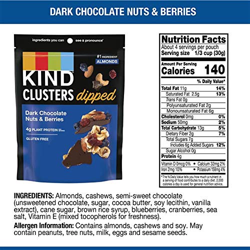 KIND Snack Clusters closeup shows glossy chocolate coating and visible nuts and berries.
