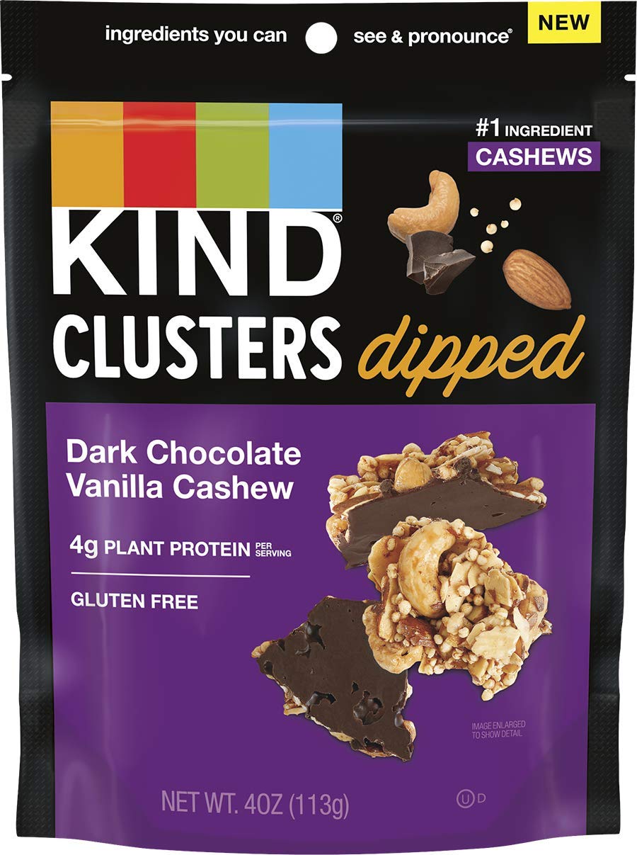 KIND Snack Clusters dipped in dark chocolate vanilla cashew — four-ounce serving for on-the-go energy.