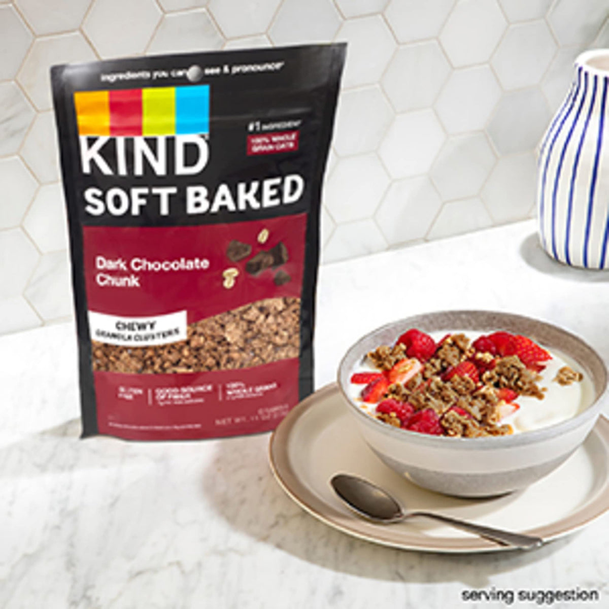 Five 11 oz bags of KIND Soft Baked Granola in a convenient pack.