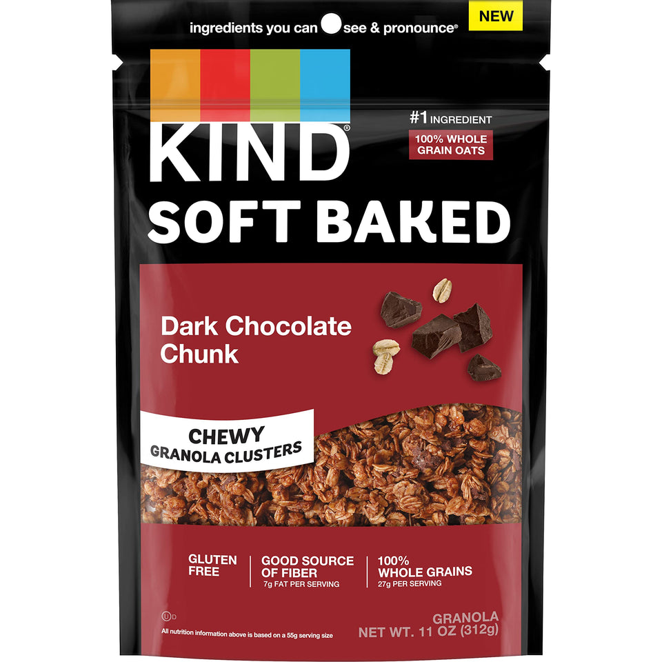 KIND Soft Baked Granola clusters with dark chocolate chunks for a chewy breakfast.