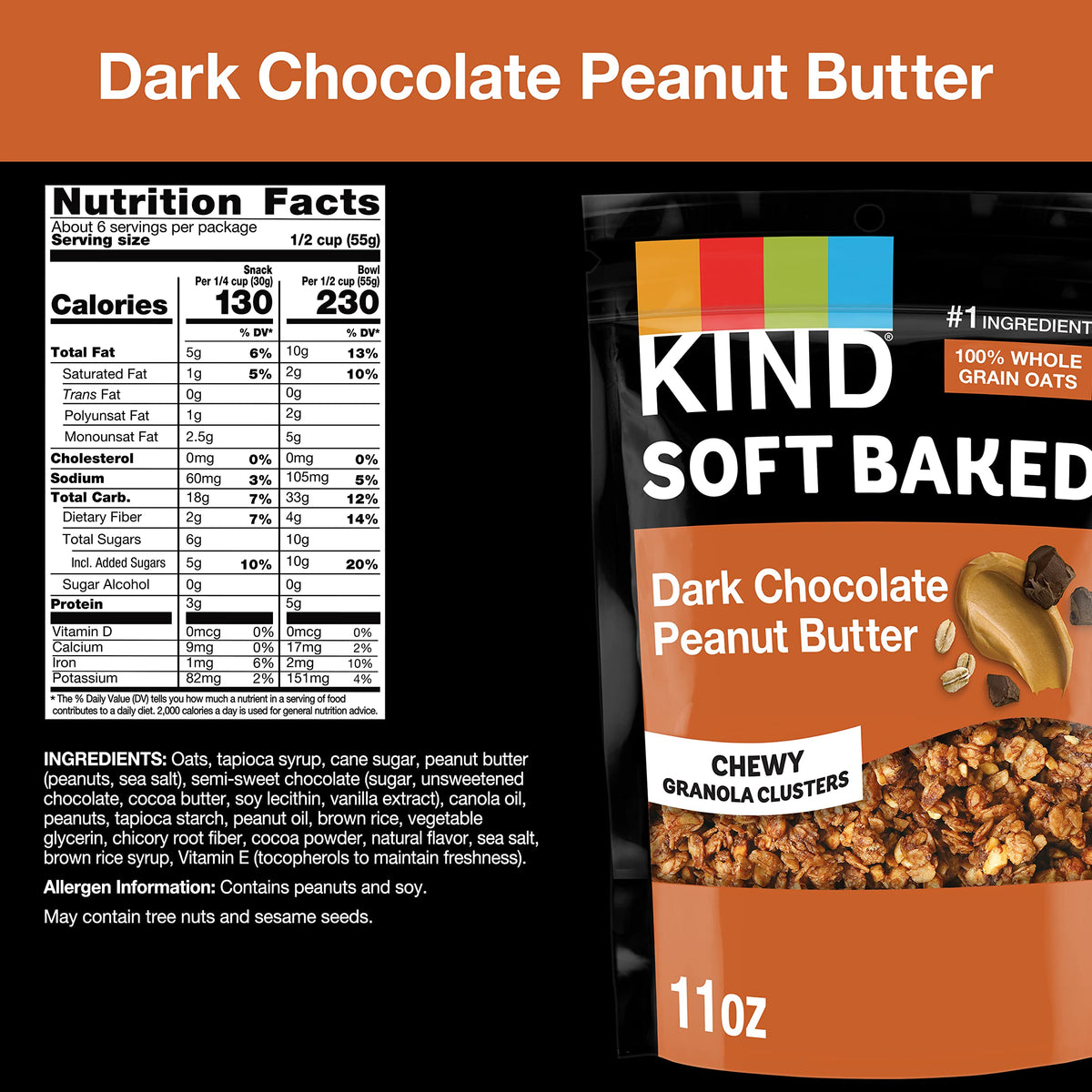 KIND Soft Baked Granola ingredients featuring oats, peanuts, and chocolate