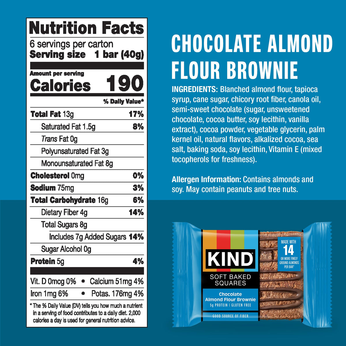 KIND Soft Baked Chocolate Almond Flour Blondie with drizzle, satisfying treat.