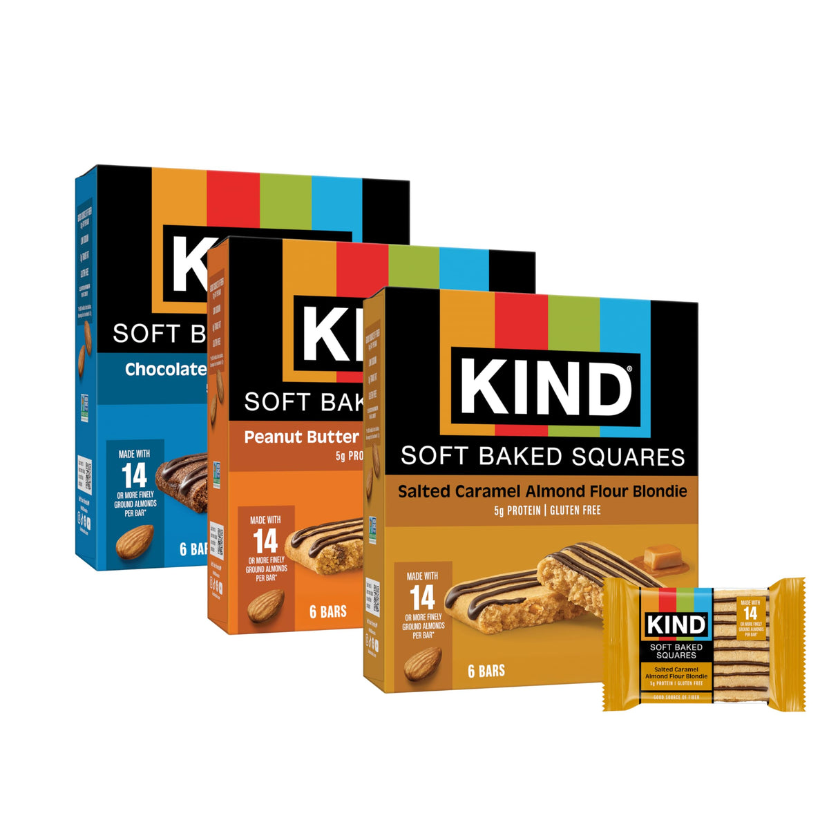 KIND Soft Baked Salted Caramel Almond Blondie close-up, gluten-free snack with almonds.